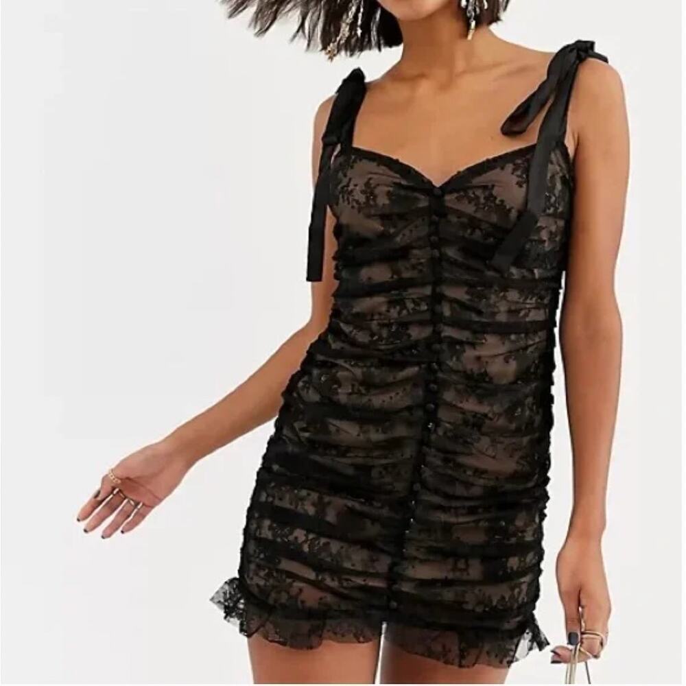 EUC $225 For Love & Lemons Black Lace Tie Sleeve Dolly Mini Dress - Picture 7 of 11